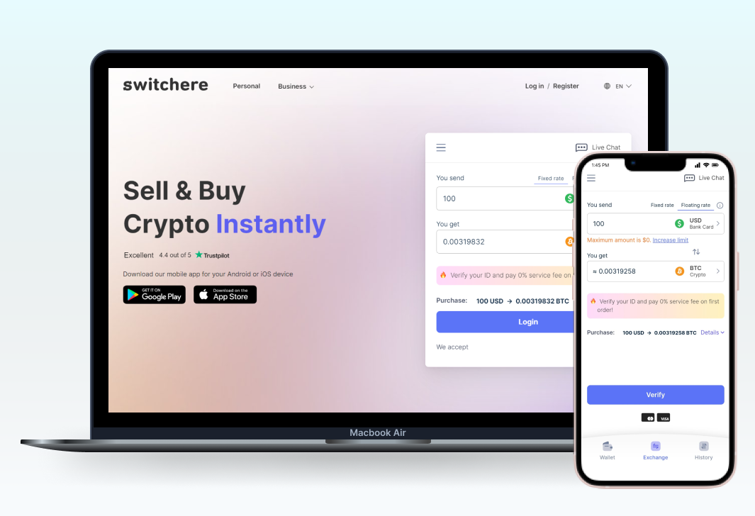Switchere: Sell and Buy Coin with Credit Card without ID Verification