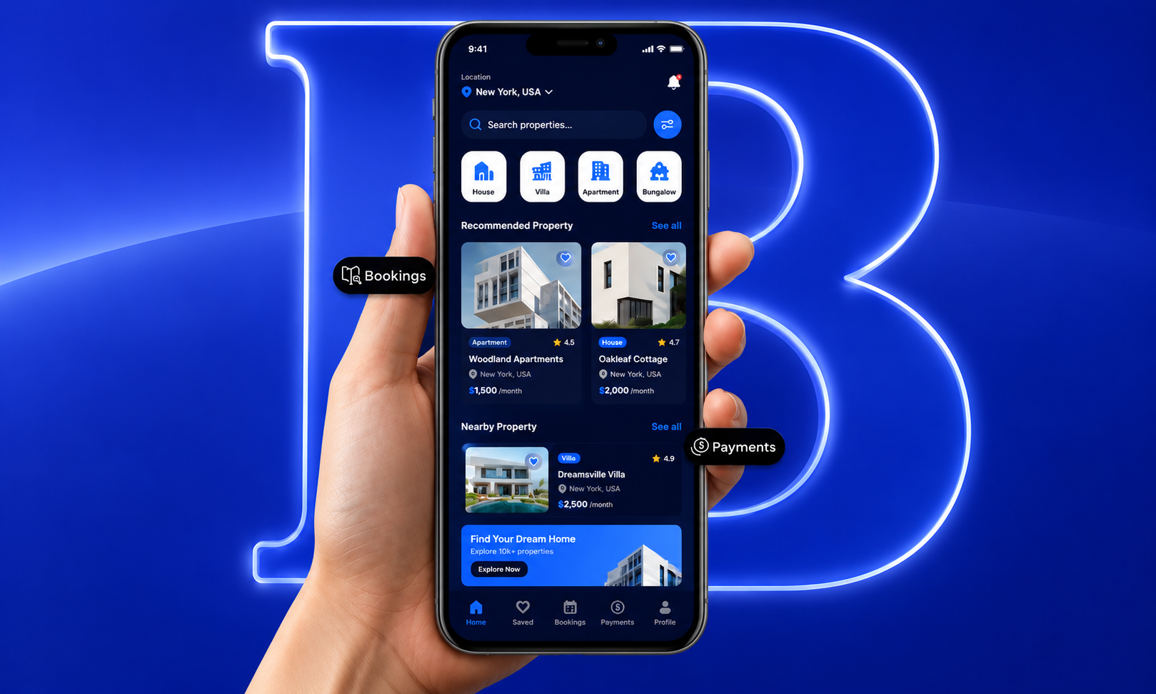 Real estate app showing a property search screen with recommended listings, held in a hand
