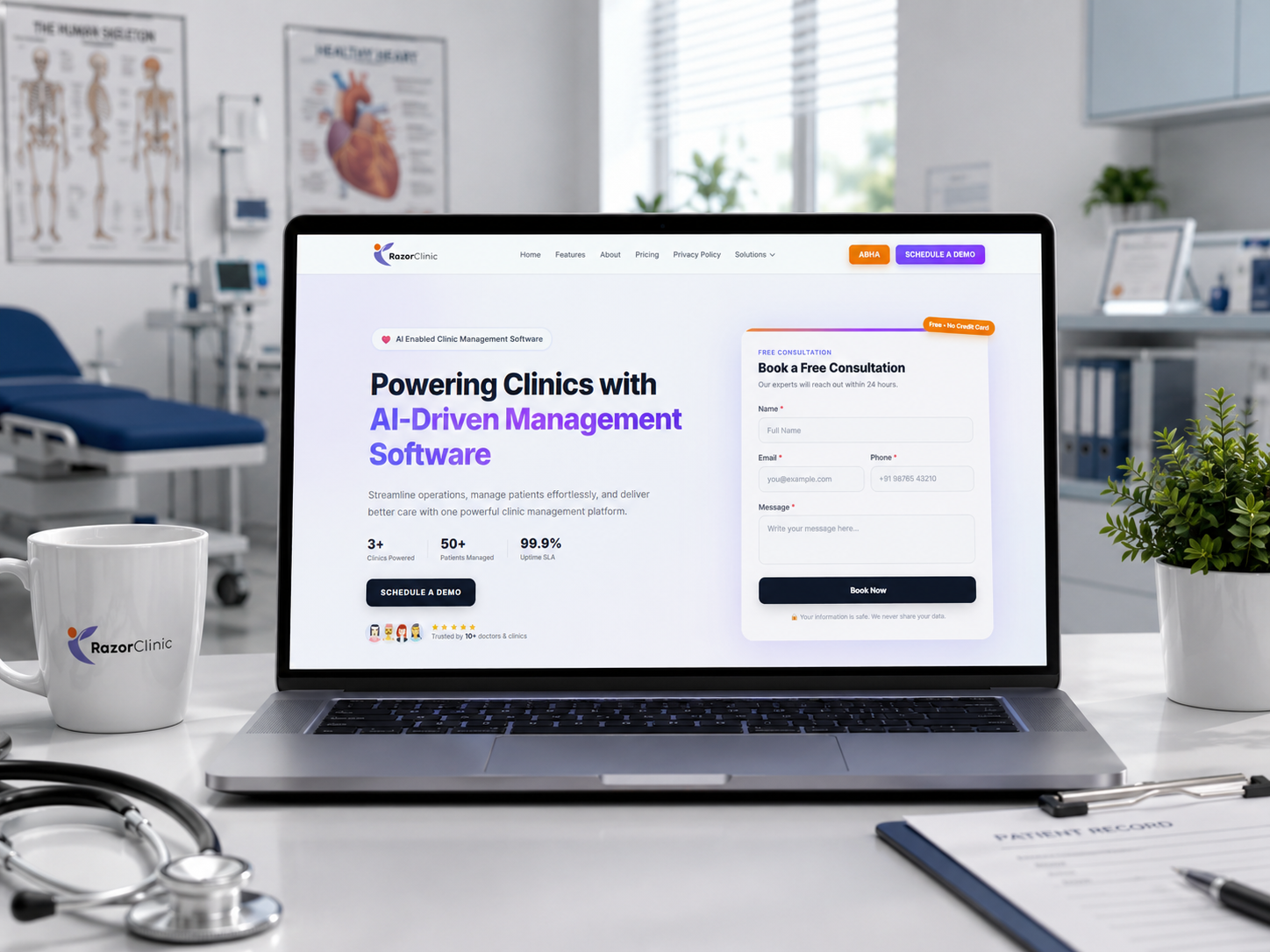 RazorClinic AI clinic management dashboard showing appointments and patient records