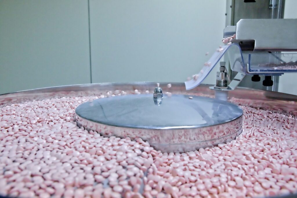 Pharmaceutical tablets on a manufacturing line