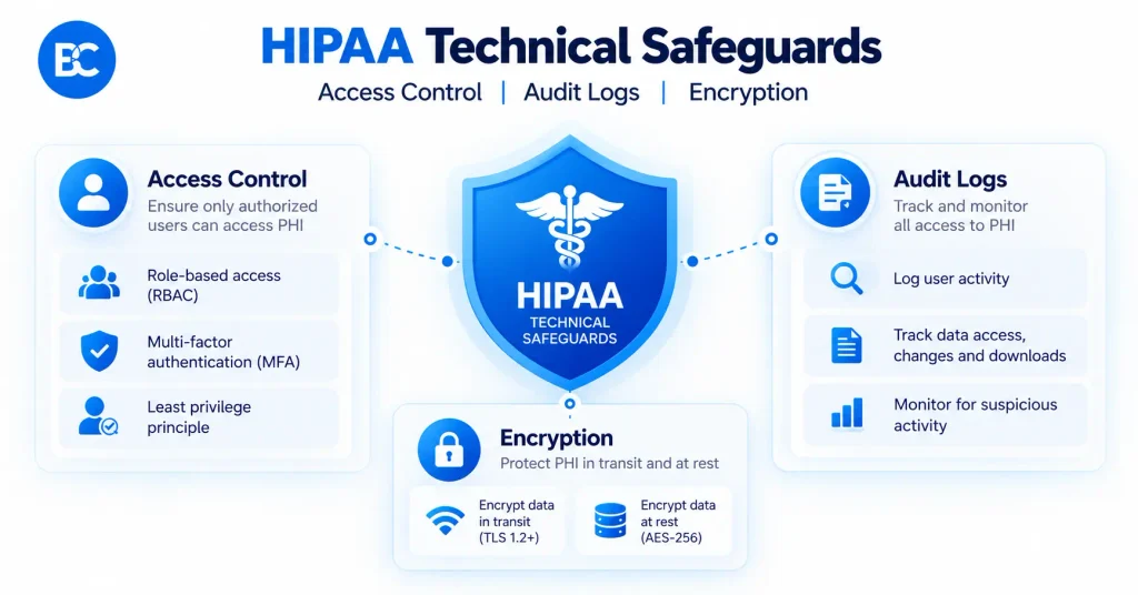 HIPAA technical safeguards: access control, audit logs, encryption