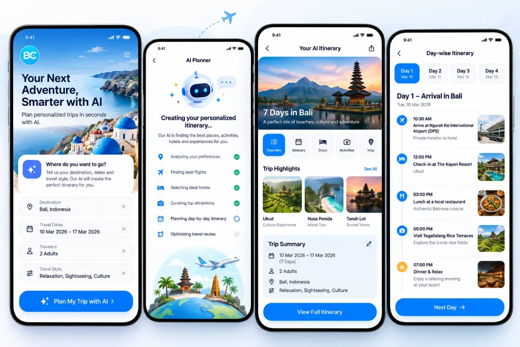 AI travel itinerary planner app screen